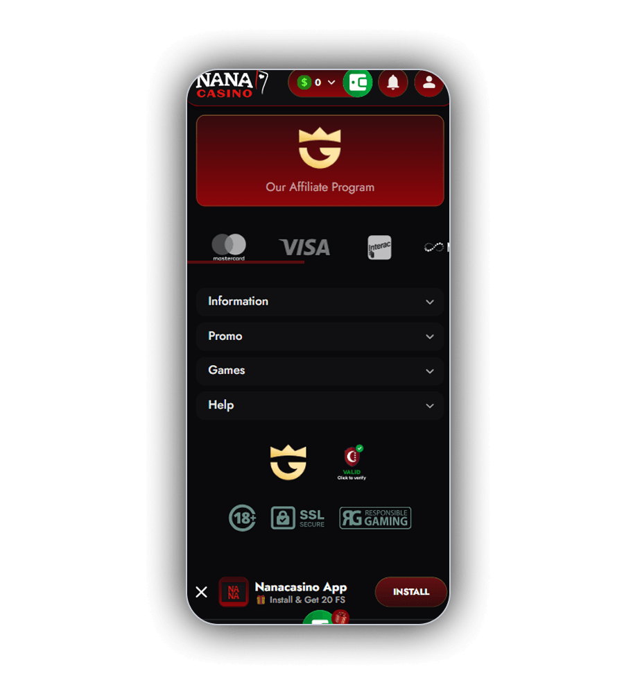 Nana Casino cashier page