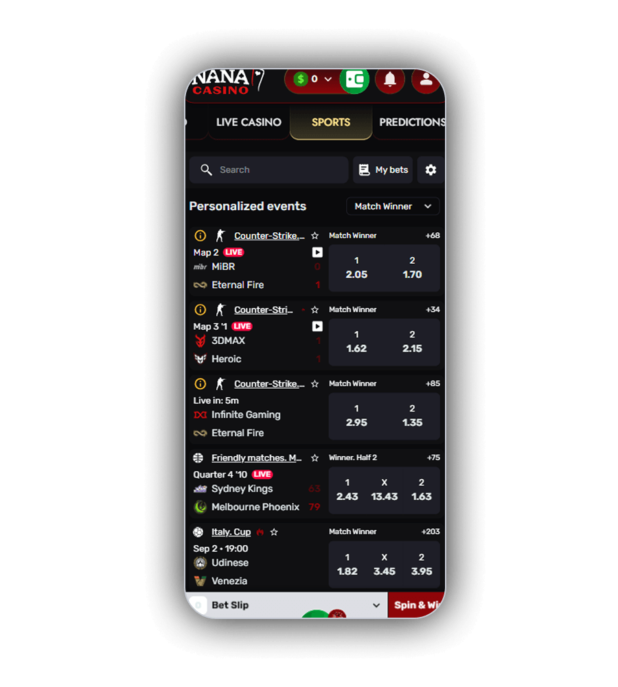 Nana Casino sportsbook screen